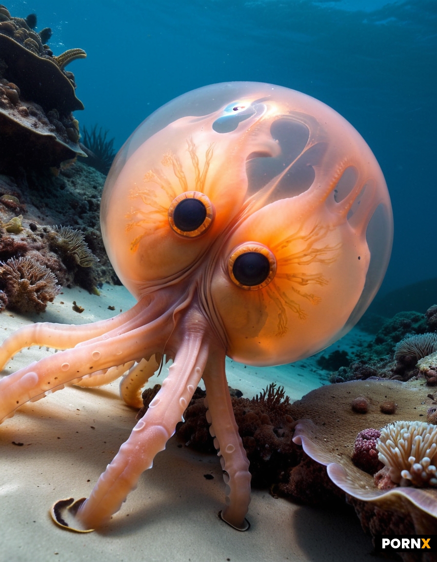 An underwater photo of an  sea creature with two large eyes and four legs