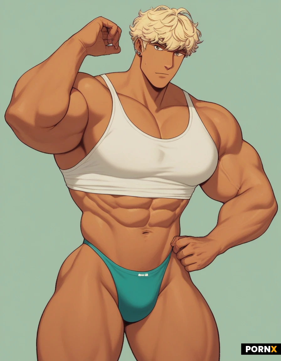 Anime. Transgender. Buff. Genderfluid. Queer LGBTQ. Speedo thong. Longsleeve top. Nerd. Glamour. Tan skin. (Muscular :1.3). Maximum steroid usage. Brawn physique body. Bangs hair