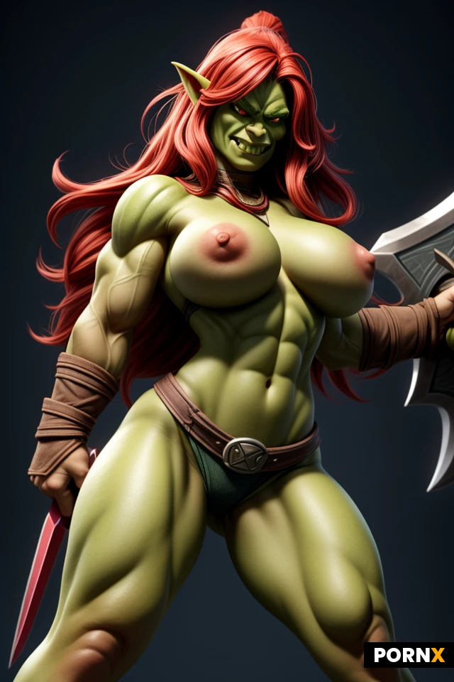 barbarian, orc girl, green skin, red hair, very big tits, defined abs, badass warrior pose, wielding colossal weapon, feminine face, in her twenties
