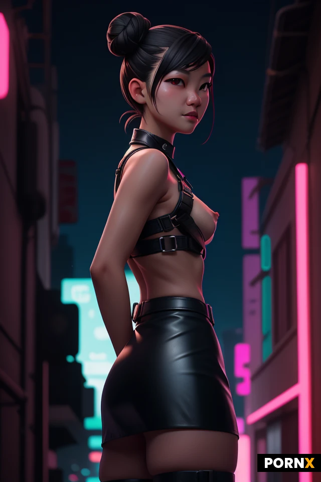 Woman, Asian, angled view, Portrait View, dark hair, double bun, neon lights, cyberpunk, alley, athletic Body, small breasts, small dark nipples, (naked), perfect face, wide hips, (tight leather skirt), short skirt, chest harness around breasts, night