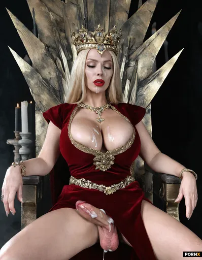 Beautiful Queen with red velvet Dress sitting on a Iron throne