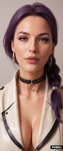 The image is a close-up portrait of a woman in her 20s with striking purple hair styled in two high 
