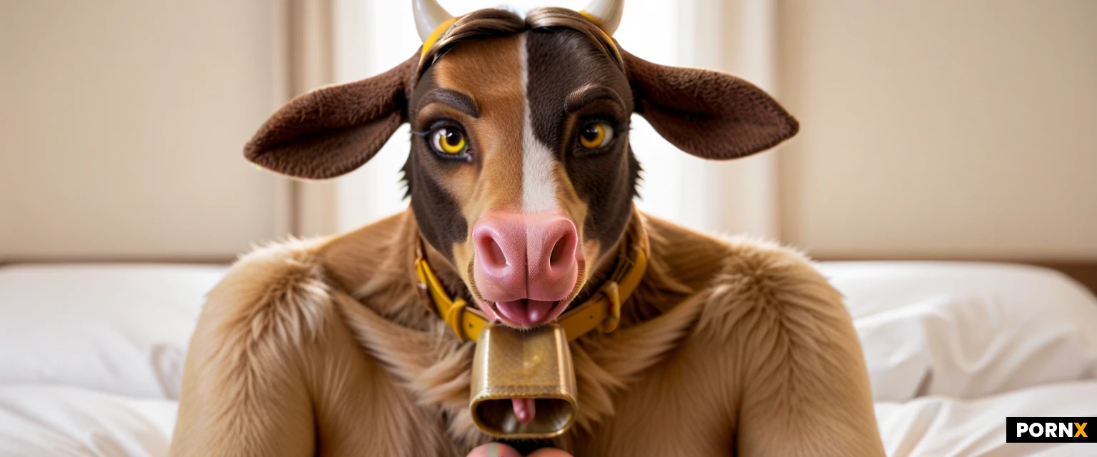 1girl ,white shirt,beautiful hair,eyes open,horny expression,,grimace,,Horny,(cow nose,pink nose,cow ears,brown ears,short snout,anthro,yellow cow eyes,cow eyes:2.1),front view,(cow-human hybrid hooves, full body,back arched),eyes rolled back,tongue out,(hot horny breath,flushed face)(orgasm),nude,masturbating,( fur:2.1),(futanari:1.1), swollen balls,