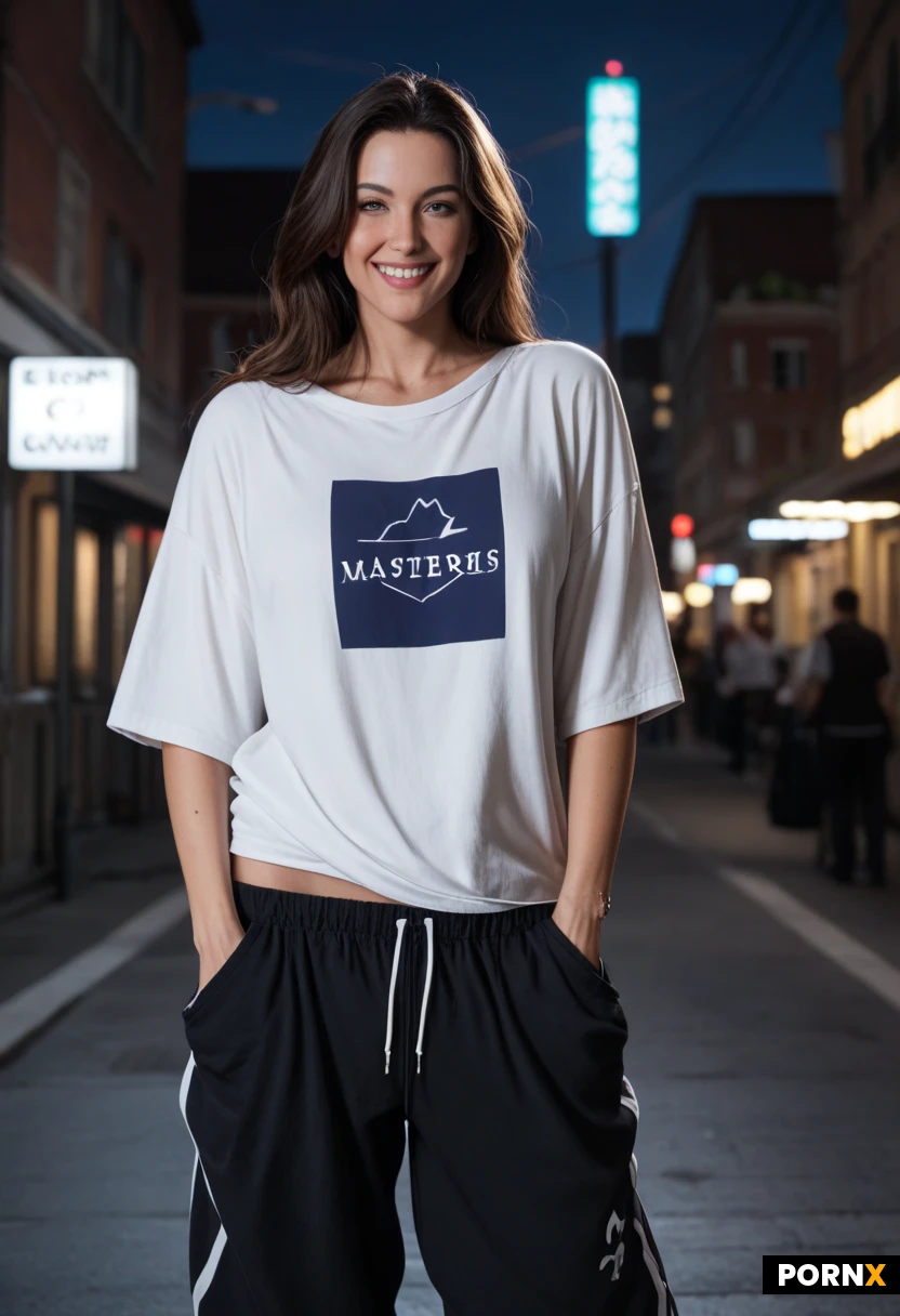 masterpiece, best quality, highres, absurdres, 1girl, solo, adult, long_hair, blue_eyes, baggy_oversized_clothing, oversized_shirt, baggy_pants, streetwear, standing, hands_in_pockets, casual_pose, looking_at_viewer, smiling, confident, urban_rooftop, night, cinematic_lighting, close_up, depth_of_field