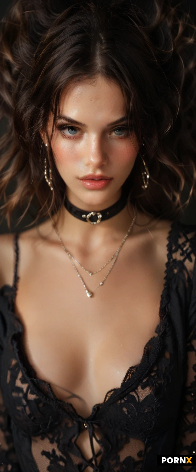 realistic image, Women, nude, 20 Years old, laying down, full body, Indian with fair skin and raw skin no makeup that has desi cute face with straight slicked hair and thin eyebrows, from knees up, small Natural breasts, jewelry, night room, low light, front view, thick black choker, dark Indian background, full frame, no extra negative space, zoomed.