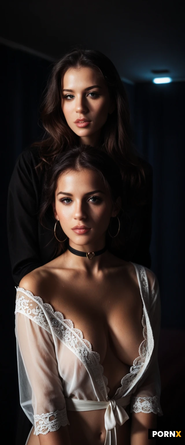 realistic image, two Women, both 20 Years old, both are similar Indian with fair skin and raw skin no makeup that has desi cute face with straight slicked hair and thin eyebrows, from knees up, egirl, cam girl, pale, Busty, Natural breasts, jewelry, teasing, stripping, night room, low light, front view, lace top, thick black choker, no clothes, dark Indian background, full frame, no extra negative space, zoomed.