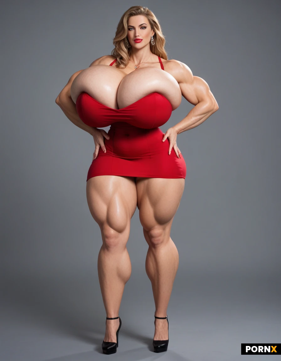 Full body image of a Super mega muscular female bodybuilder model in her 20s with a super slim waist and incredibly mega exaggerated huge boobs, ultra detailed, high resolution, anatomically accurate, perfect fingers, perfect anatomy, (hyper extreme colossal breasts: 0.9999), her soft floppy drooping natural breasts spill down to her sides, breasts drop to the sides of her chest, hyper massive breasts, breasts hypertrophy, disproportionately(gigantic colossal hyper breasts: 0.9999), unrealistic breasts size, giant expansion breast, extremely huge voluptuous breasts, massive breasts, her hair reaches her knees straight super long golden hair, super defined sixpack which shows every single ab absolutely ripped and defined, perfect hourglass figure and super mega thick tree like muscular legs, perfect face, perfect facial features, sexy face, perfect muscular hourglass, Bright emerald-green eyes with a mischievous glint, smoky liner, glossy bitten-pink lips. Red nightdress with black details and tight fitting so that her abs show throu the garment