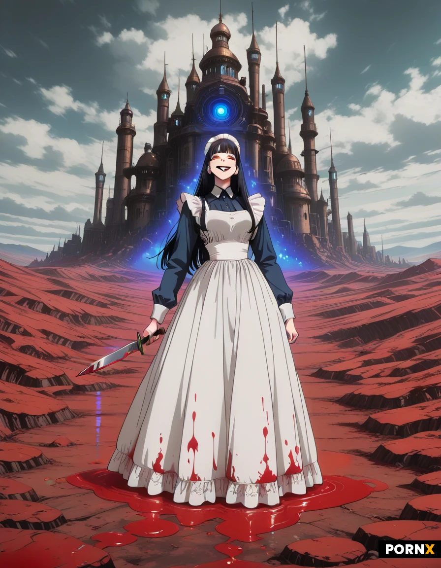 high definition, super realistic, woman 20s, pale white skin, blue eyeball, dark straight long hair, she wearing a classic blue Victorian maid dress with red ink stains and intricate lace. She holds a sharp engraved knife. background, steampunk-industrial Wonderland landscape with giant mechanical cogs, floating landmasses, and a purple glowing skinny cat smiling in distance, detailed face, detailed eye, dynamic angle