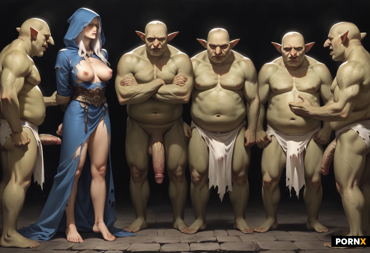 (goblin gangbang) Detailed face. Full body Side profile (A woman) bustyashe. long white hair,, torn and shredded blue clothes and armour, blue hood, blue eyes, (goblins shredding cloth) (goblins ripping clothing) (multiple hands grabbing, ripping) (exposed) disgust bare legs, Breasts and pussy exposed. Consensual Arms behind her back, (Ultra-realistic) high res, detailed skin texture. Sweat,, cinematic. (black background rough stone ground),Frostarcher. disgust reaction (full body ugly fat naked goblin with veiny penis:1.5) (consensual struggle:1), open mouth, detailed beautiful face, expressive face. (consentual undressing) (She loves goblins tearing her clothes) (voyerism exposure) legs spread, puffy pussy . (grabbed)