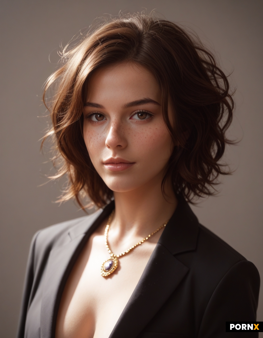Hyper-realistic portrait of a 18-year-old female influencer with messy chestnut hair and subtle frec