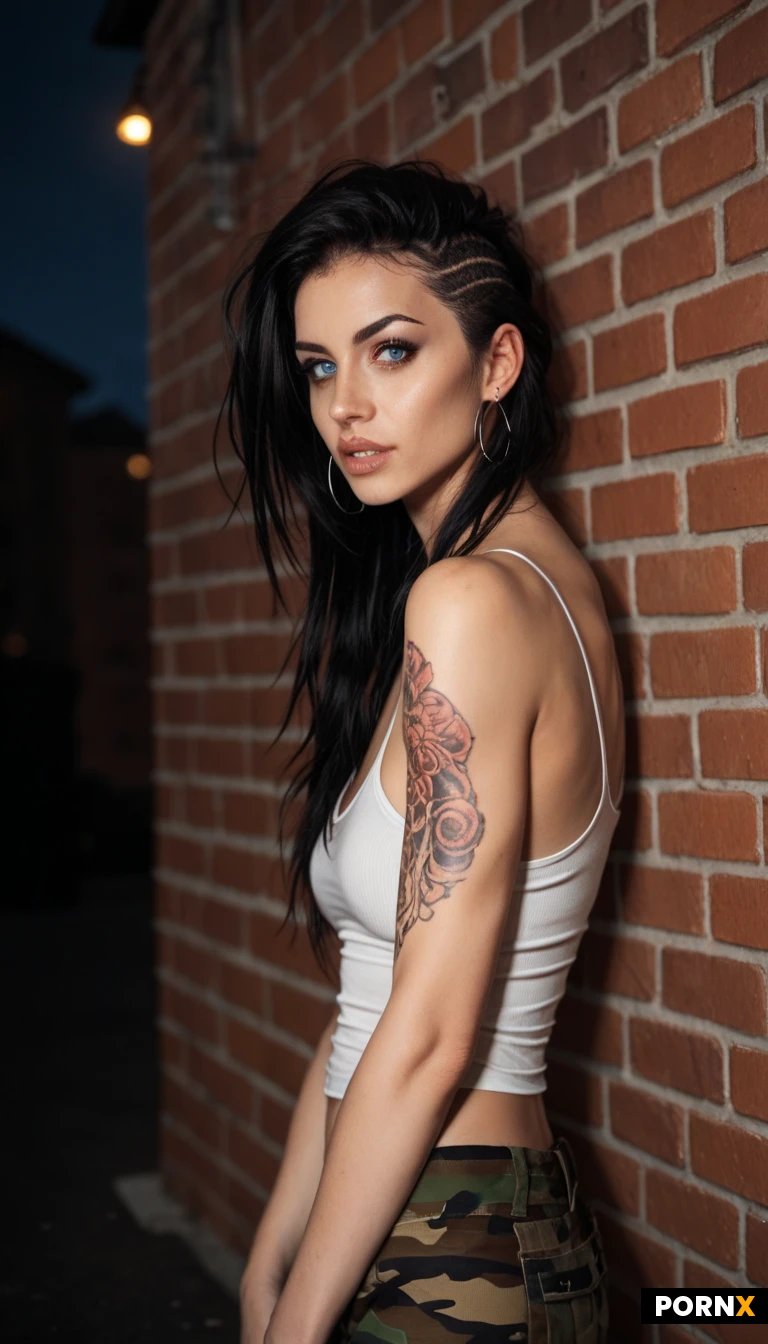 Woman 20s,skinny,messy punk black hair,blue eyes,white tank-top,camo-pants,in dark graffiti-flled ally,brick wall,expression,many tattoos,side view,looking at viewer,((at night)),full sleeve arm tattoo,punk,