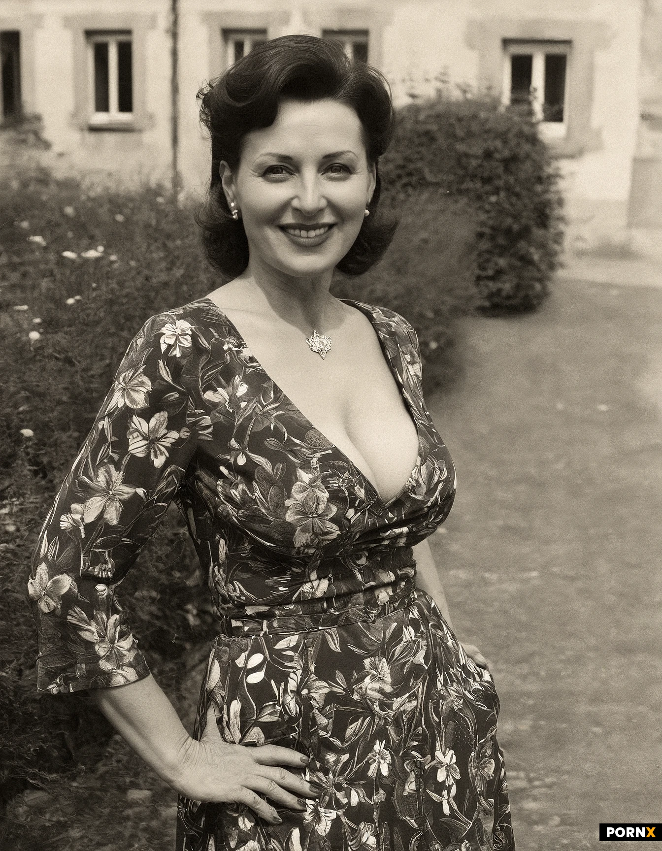 Absurdres, portrait, shy_woman, 50_years_old, pretty, French-(bretonne), plumpish, torpedo_breasts, smile, jewelry, summer_floral_dress, Normandy, outdoor, Liberation_of_Normandy_party, posing_for_photo-souvenir, 1944, D-Day, black_&_white_ferrotype_photo_filter,