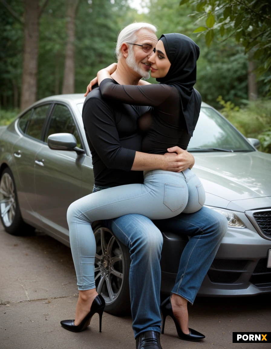 Hijab, skinny body, belly ,nose pericingpiercing,pretty, petite,naturell,blue eyes,Jeans,Plattform High Heels, blouse,small ass no ass no tits ,,chilling,old man black Haar, ,hug ,whiteJeans,Black tshirt,sitting,car,forest,dark
