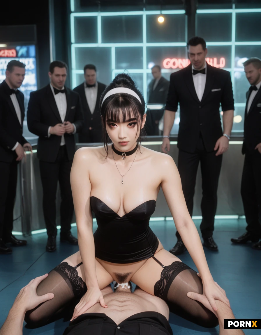 beautiful asian chinese trans woman named asuka with long curved flaccid dick, gorgeous cute asian face, thick eyelashes, large asian slanted eyes, slim hourglass physique, wide hips, extremely snatched waist, smeared goth makeup, large fake tits in a push up bra cleavage, black hair bobcut with bangs, white plain hairband with no bow, asuka has a long flaccid curved futa dick, (black tight strapless sheer transparent black dress, black laceless thigh high stockings: 1.2), light pubic hair, (she's on stage at a stripclub with men in suits throwing dollar bills at her, neon lights, money in her clothes, cum in her hair and cum on her dress: 1.3), (anal cowgirl sex, asuka's anal riding on a small dick, girthy dick in asuka's anus, asuka's own curved girthy flaccid dick is flopping around as she bounces on that dick: 1.2), view from straight above asuka, many men jerking their dicks and cumming on asuka, lots of dicks cumming on asuka from off screen, asuka is covered in cum all over her clothes face and hair