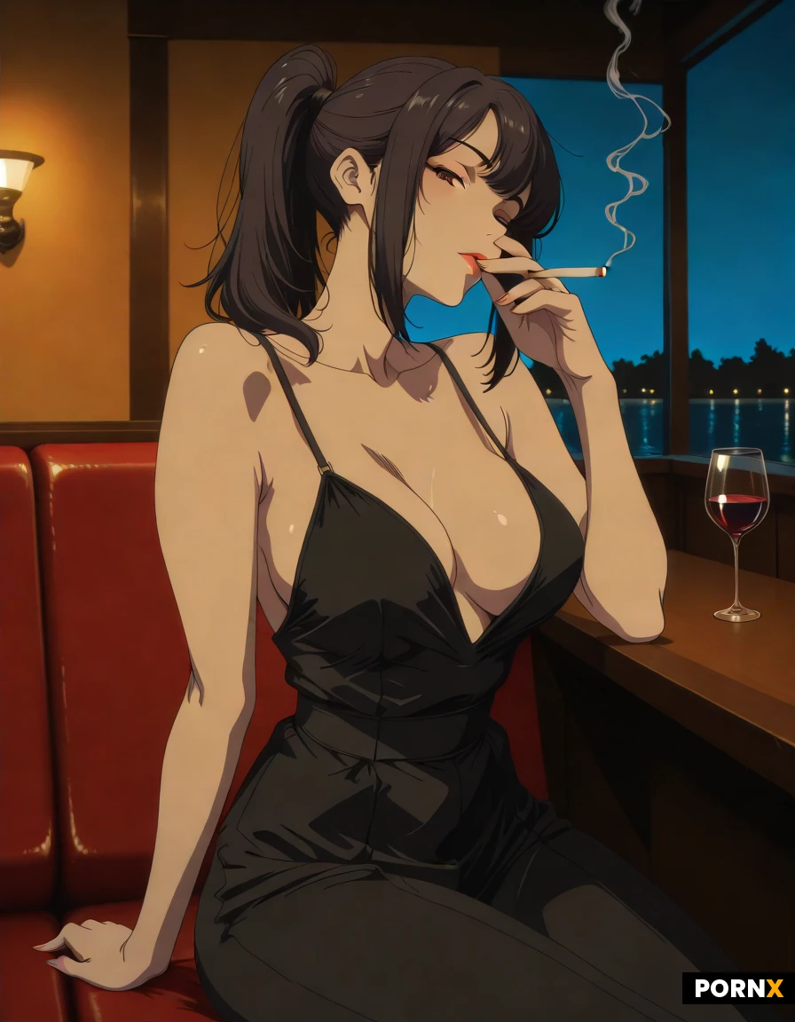 masterpiece, best quality, highres, absurdres, 1girl, solo, mixed_race, latina, french, ponytail, smoking, cigarette, seductive, looking_at_viewer, sitting, booth, bar, expensive-clothes, night, dim_lighting, elegant, wine_glass
