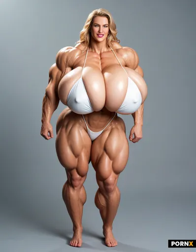 Full body image of a Super mega muscular female hyper bodybuilder model