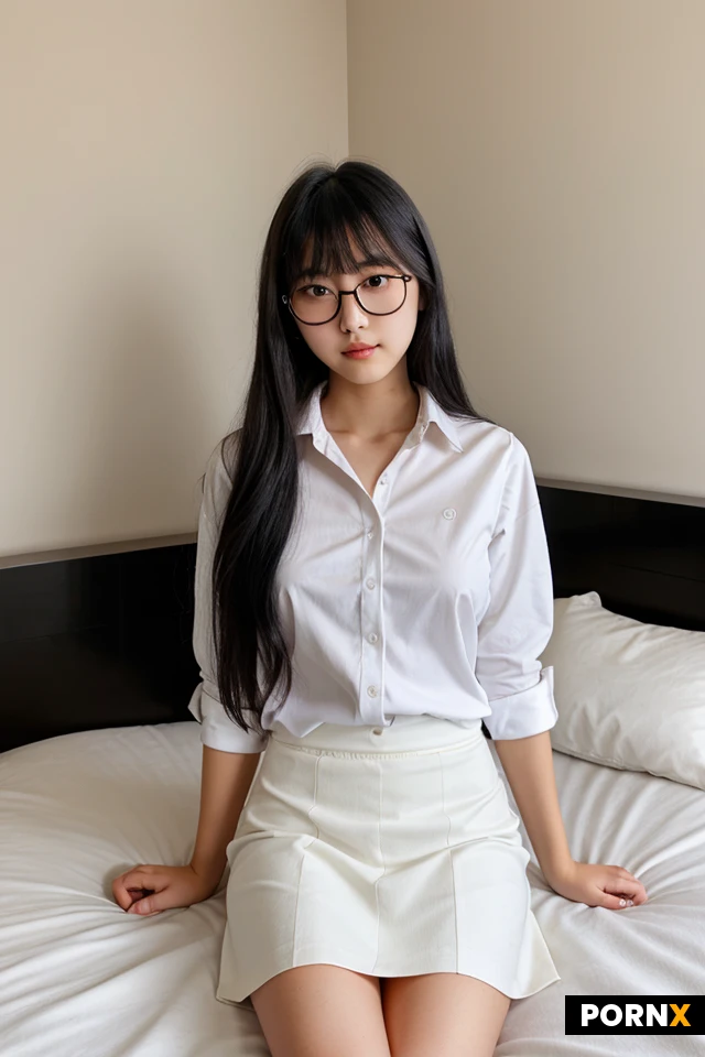 Japanese 18 year old female, modern bedroom, long black hair, bangs, solo, slim, medium sized breasts, black glasses, youthful face, white collared shirt, black skirt