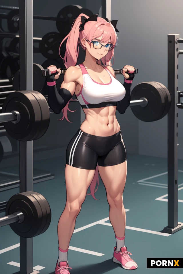female, height: 175 cm, age: early 20's, long hair, black hair, shiny hair, bangs, blue eyes, pink lips, eyeglasses, reddish-pink hairbow, broad shoulder, medium breasts, slim waistline, long legs, athletic, toned, fit, slightly muscular, slightly tanned, light pink sports bra, dark grey bike shorts, calf length socks, tennis shoes, fingerless gloves, weightlifting gloves, double biceps flexing, arms spread out, powerful posing, strong stance, determined face, slight smile, high-tech gym,