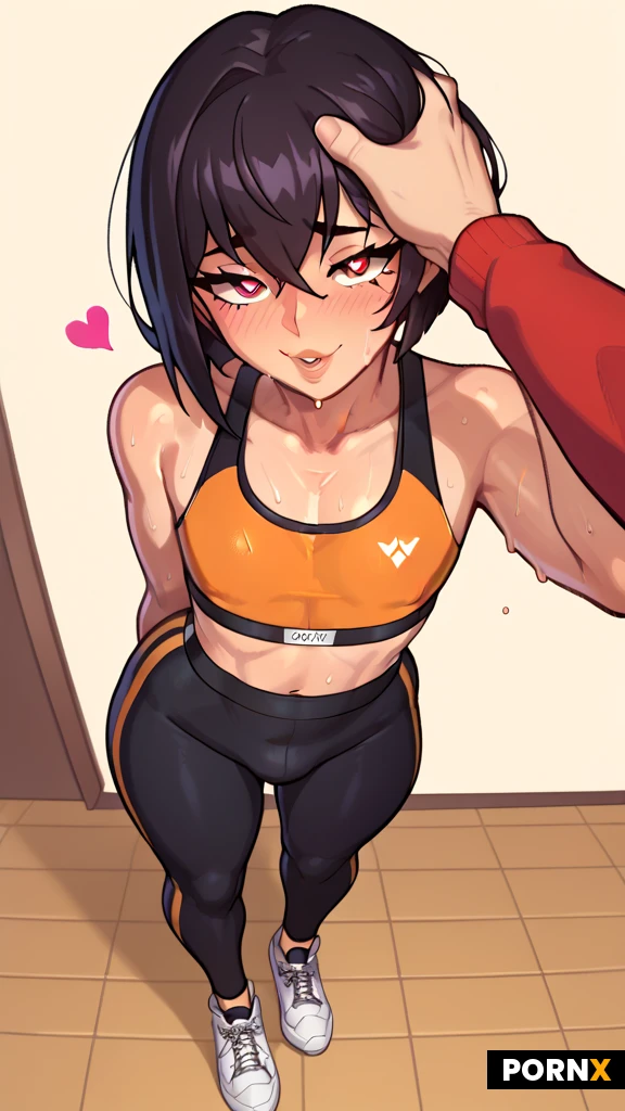 beautiful slender asian woman, black bob with bangs, slim body, small breasts, sports bra and tight leggings, gym outfit, sweaty skin, sneakers, 1man, 1femboy, Heart eyes, tiny_femboy, full-length figure, pov Overhead view, tall Man, pat head, boner, black pants, orange bra, standing, pat femboy head, Man's hand on femboy's head,