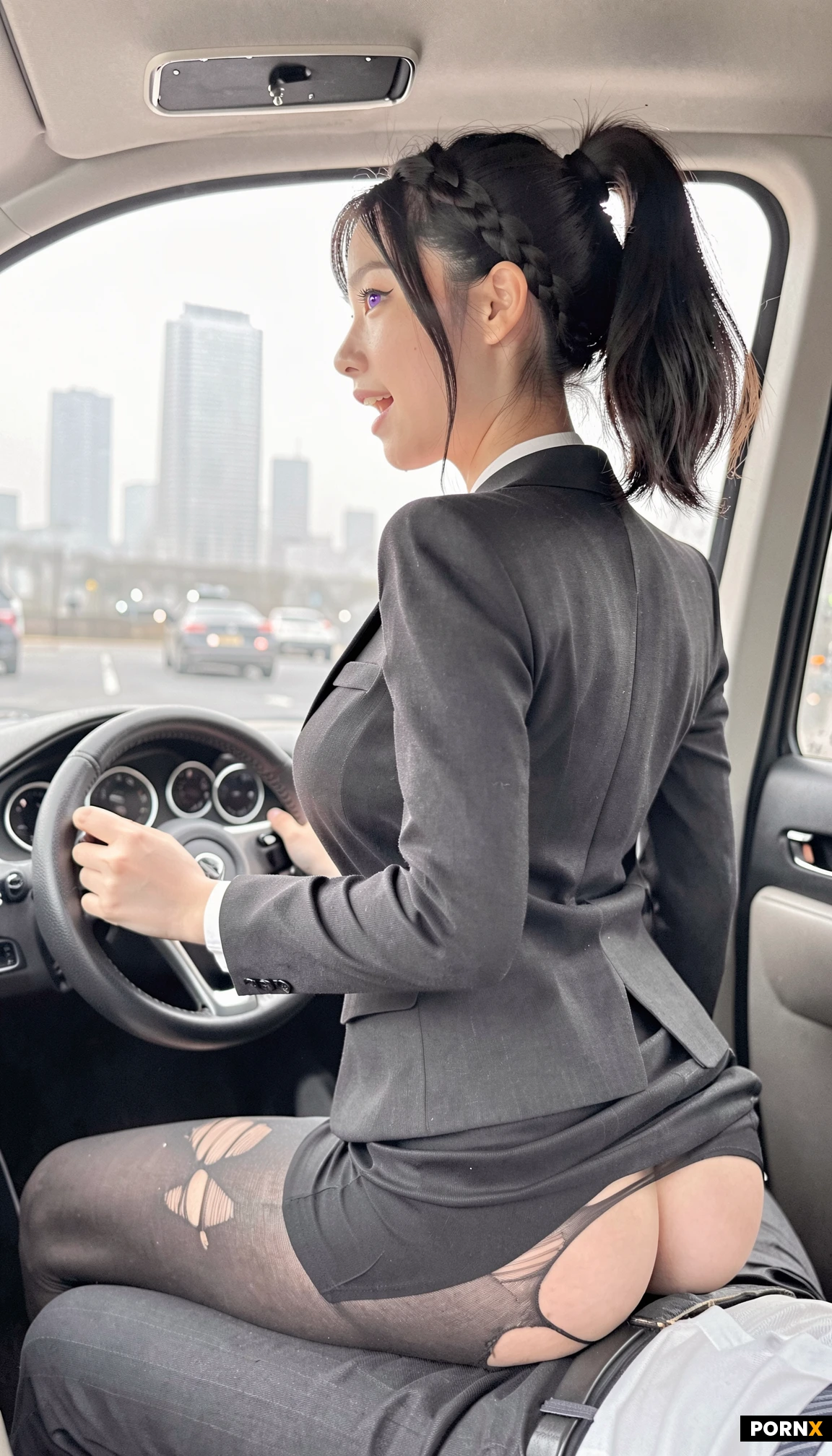 A vertical split-screen composition, left and right halves with a thin dark divider.
Left side: a stunningly beautiful Japanese woman with a hyper-defined hourglass figure and busty leaning far out of an open sports car side window as the carriage swings through a modern city. She grips the steel frame with both hands, brown long ponytail hair whipping sideways, business blazer and white shirt ballooning,
eyes shut and mouth open in a laughing shout.
// eyes shut and mouth open in a moaning shout from sex.
Side view from alongside the sports car, the cities glass into streaks of mirrored red while the carriage flank holds crisp. Late golden light floods the interior, dust motes drifting, warm amber on her cheek fur.
Orgasm at full speed.
Right side:First-person male POV from the rear seat, looking directly at the window on the right.
A pure cinematic back view shot of the person in the dark business blazer.
The camera captures only the back of her head, her jacket-covered back, and her clothed shoulders leaning far out of the completely open window frame.
No face or front of the body is visible to the camera at all.
Her brown ponytail is blowing wildly out into the outside street.
The same Japanese woman is in reverse cowgirl position, straddling the man and fully taking him deep inside her, while at the same time leaning her upper body far out of the open side window. Her back and lower body face the camera, long brown high ponytail whipping in the wind outside, business blazer and skirt pulled up, pantyhose torn, body shiny with sweat.
The view looks past her back, showing the blurred city road through the window. Warm golden light streams in, highlighti
