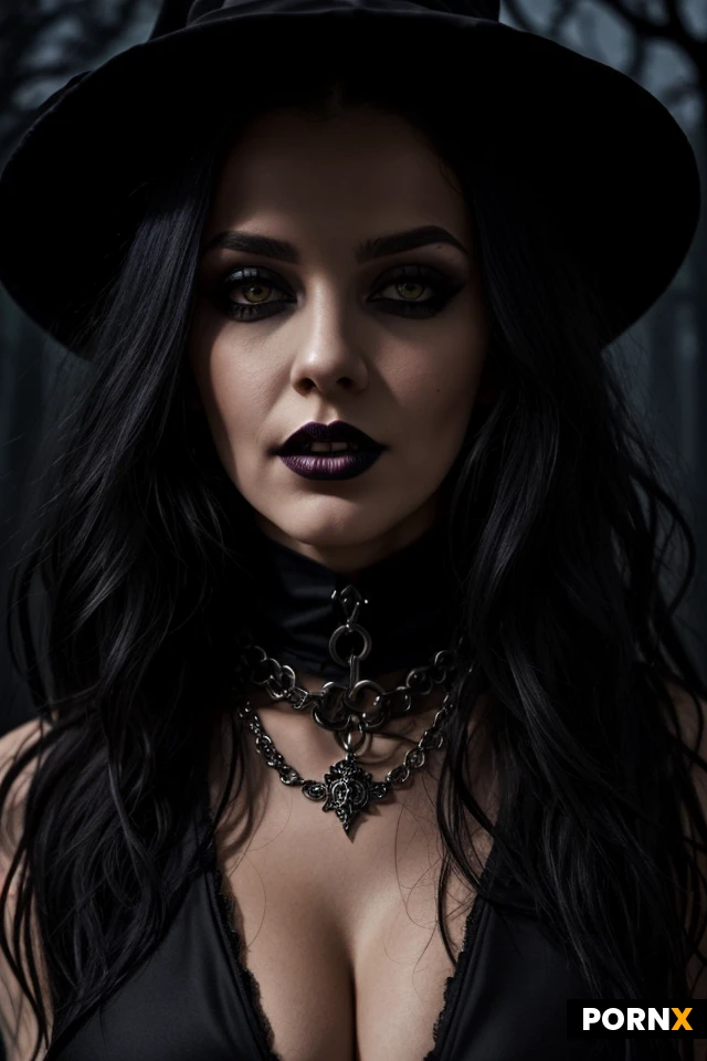 20yo witch Woman, high cheeckbones, Black skin, yellow eyes, regal model pose, gothic dark fantasy atmosphere, busty lips, dark lipstick, closeup