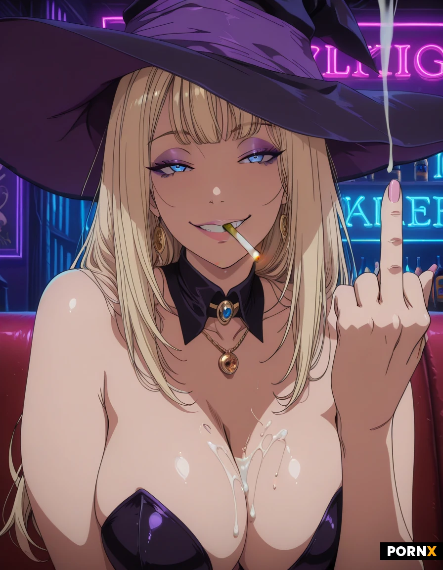 masterpiece, best quality, highres, absurdres, 1girl, solo, long_hair, blonde_hair, blue_eyes, purple_eyeshadow, witch_costume, cleavage, witch_hat, gold_necklace, gold_pendant, cigarette, smoking, beer, middle_finger, exhaling_smoke, nightclub, neon_lights, halloween, smiling, mischievous. Her cigarette is in her mouth. Her big tits are nude. She uses the middle finger of her hand to make the playful gesture of flipping the bird. Her cigarette is in her mouth. Thick white cum streams on her tits.