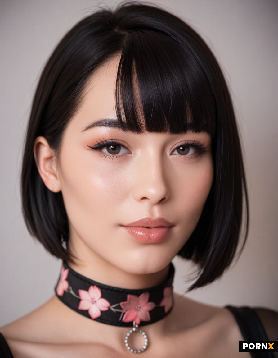 1girl, solo, close-up, looking at viewer, East Asian Korean appearance, double eyelid, short black hair, black bob cut, black blunt-bangs, sharp long winged black eyeliner, dark eyes, subtle pink glossy lips, patterned collar, studio lighting, cinematic, photorealistic, sharp focus