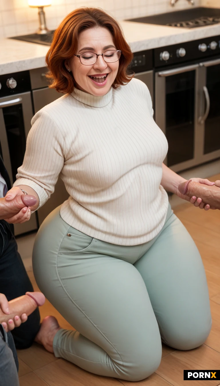 Dynamic angle,1girl,close_face_view,chubby_short_stack_mom,auburn hair,wavy short hair,beautiful face,pale skin,small breasts,small skinny waist,skinny belly,chubby curvy wide hips, wide chubby hips,big hips,plump_chubby legs,big chubby ass,huge ass,giant ass,big_chubby_thighs,big_strong_shapely thighs,chubby shapely calves,shortsleeve sweater,capri pants,beige stretch pants,closed_eyes, open_mouth,laughing,kneeling on kitchen floor,warm lighting,handjobs,fit men,huge long cocks,gangbang,thick cocks,