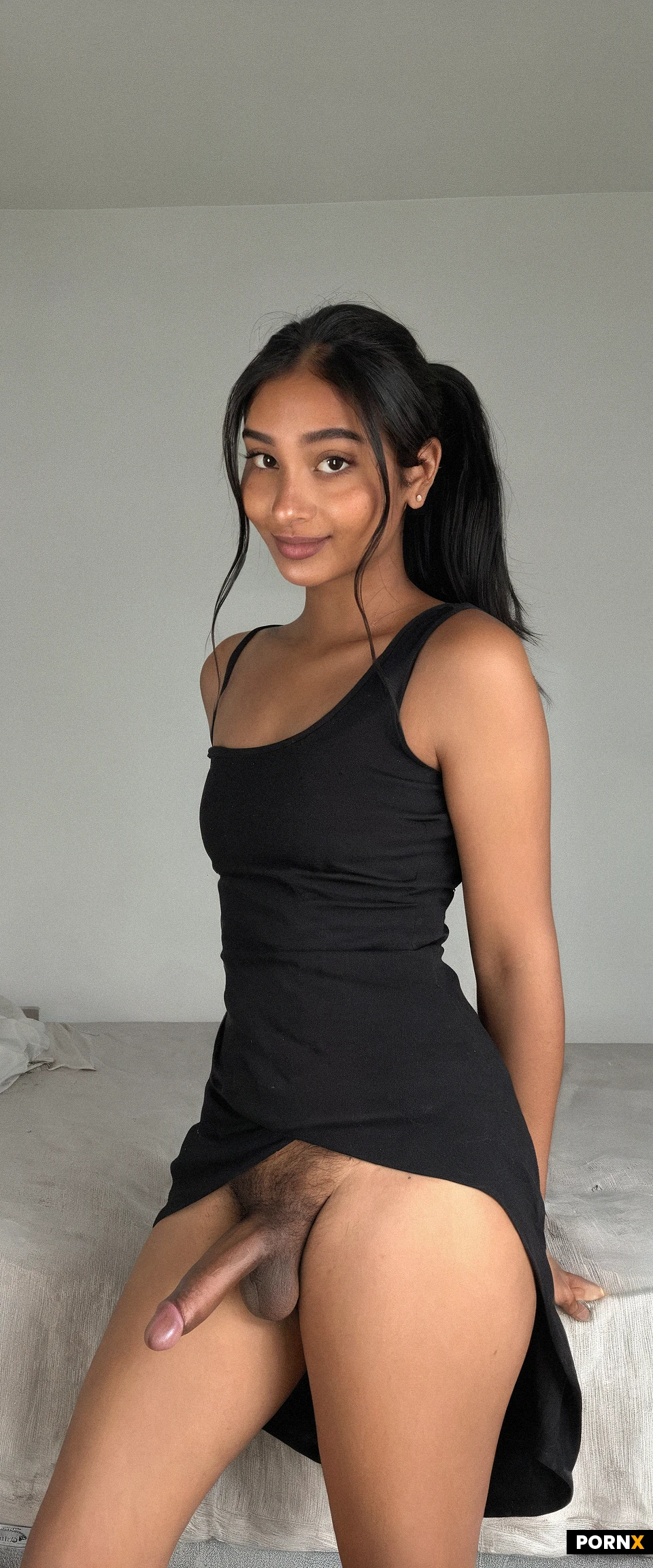Candid,One attractive Indian woman standing,19 years old,simple black sundress,round face,looking at viewer,curvy body,bedroom,simple ponytail,simple background,flaccid penis,(dark pubic hair),cute face,solo,no makeup