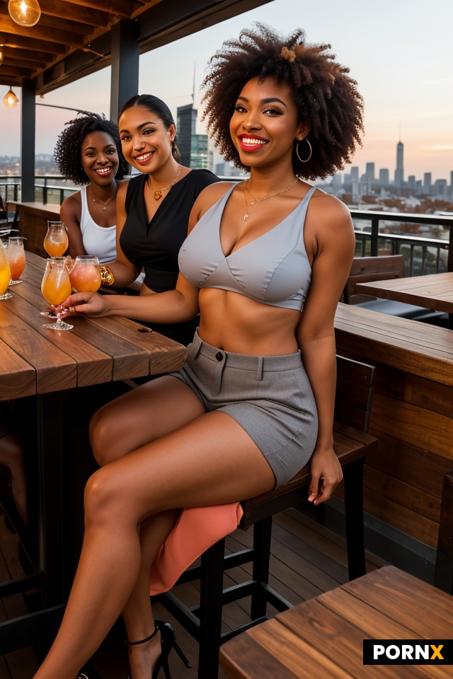 A fashionable ebony woman with a voluminous natural curly afro sits at a stylish rooftop bar