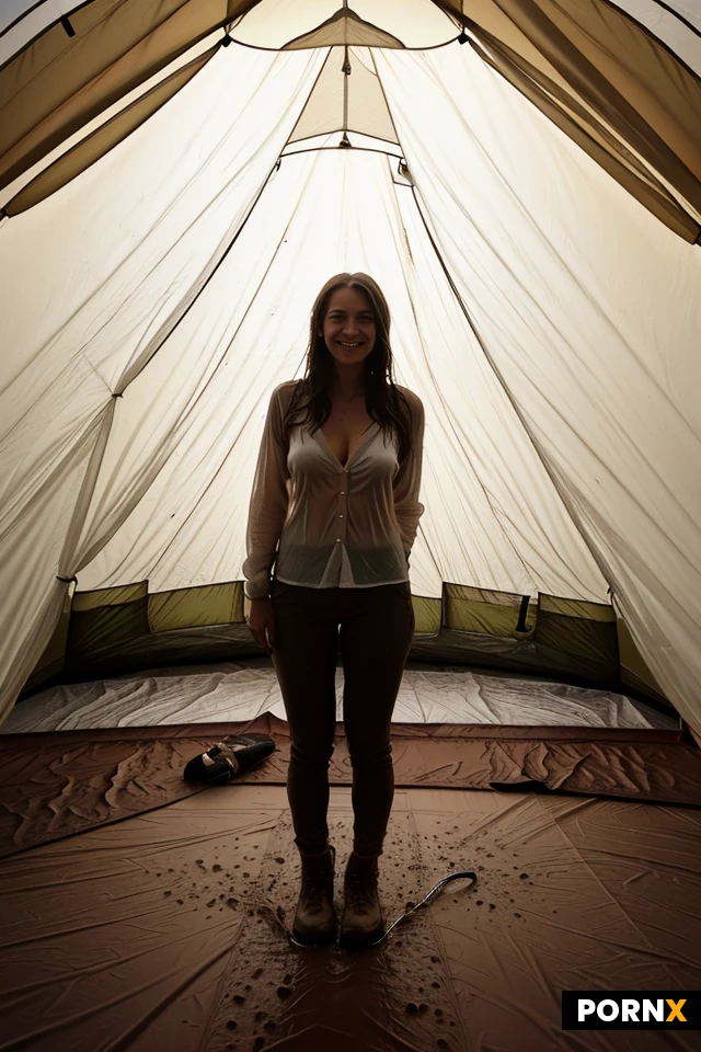 (low light image:1.7), View from inside a dry and cozy tent, ((full body view)), campsite in constant rain, muddy weather, 30 years old, muscular, extremely small sagging breasts under hiking shirt, flat chest, ultra realistic skin, smiling, stunning, sexy, hot, brown hair, (Long Layered Bob:1.2), totally wet hair, sitting inside the tent, wears a tan cotton hiking shirt that is soaking wet and sticks tight to her skin, showing her shape, a thunderstorm is approaching, (lightning strikes:1), it is dry and cozy inside the messy tent, (dry and cozy tent interior:1.2), focused body, small colorful LED lamps give warm light, perfectly lit woman, hvrn, heavy, rain, <lora:MJ52:.8>, ((see-through))