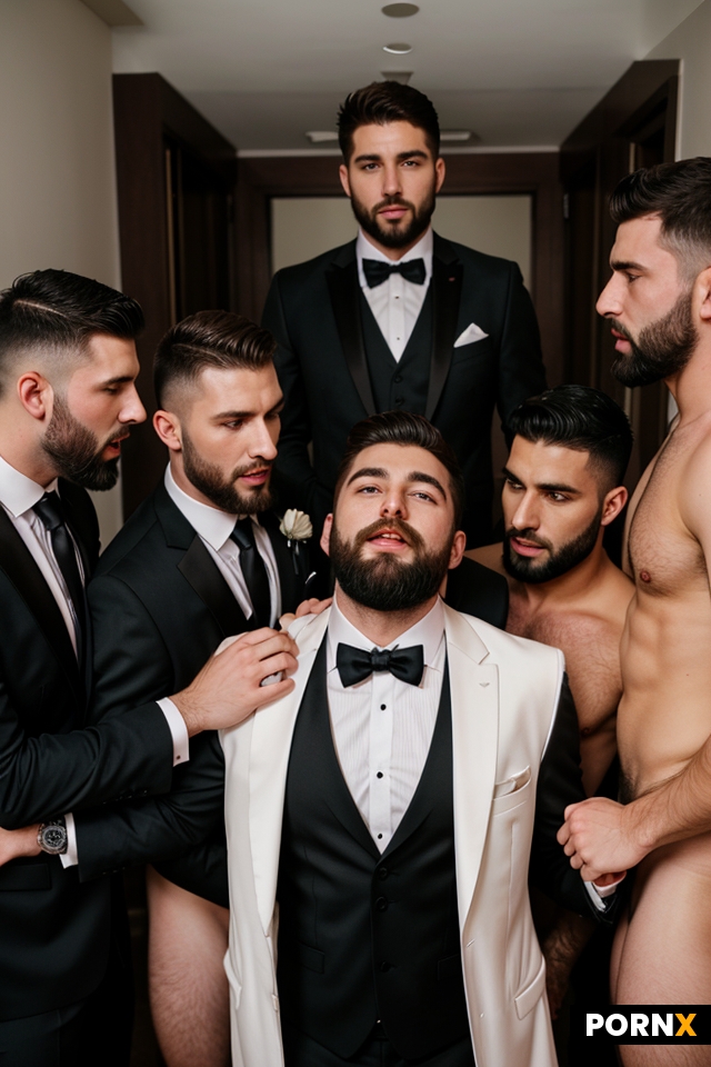 Group of many bearded suited men in formal suits getting sucked by naked guy in jockstrap