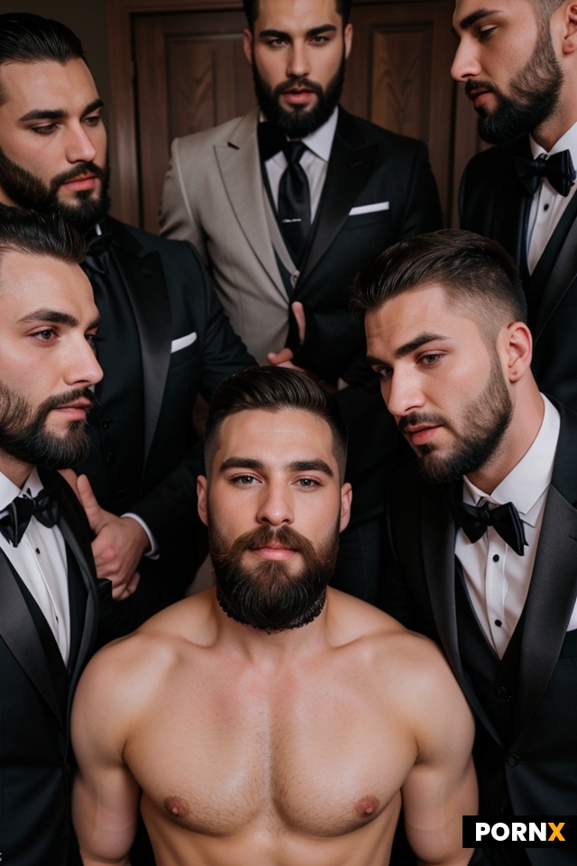 Group of many bearded suited men in formal suits getting sucked by naked guy in jockstrap