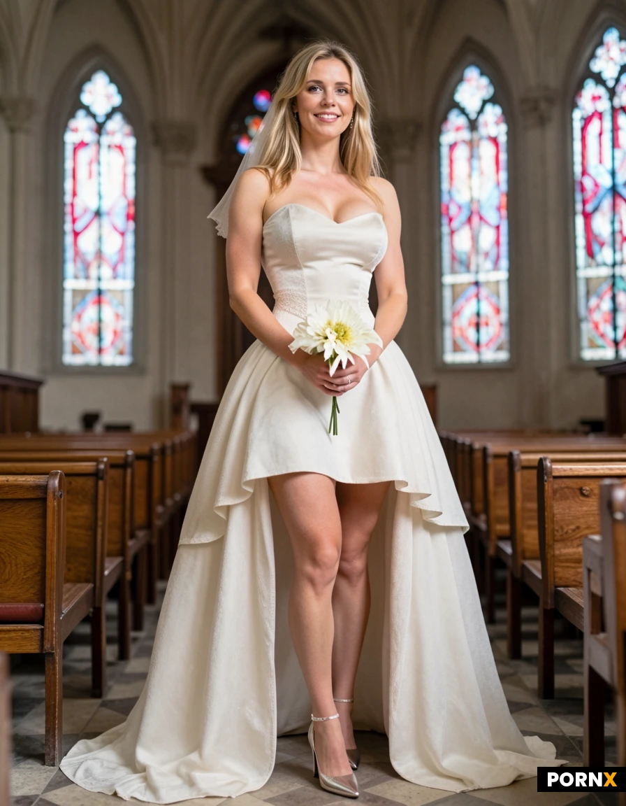 masterpiece, best quality, highres, absurdres, bride, very_short_dress, bare_legs, high_heels, smiling, holding_flower, church_interior, stained_glass_window, cinematic, atmospheric, beautiful_lighting, soft_light, full_body, standing, detailed_background, depth_of_field, photorealistic, ultra_detailed, ray_traced