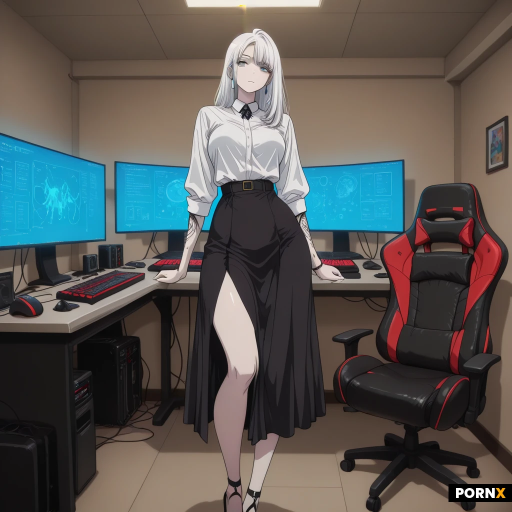 Original Anime Character — Design Prompt
An 18-year-old adult Russian woman, the main character of an original anime series.
Physical appearance: Fair, pale skin; short, straight, pure white hair; blue eyes, fully open with clearly visible blue irises; calm and relaxed facial expression.
Body proportions: 60 kg body weight, 75 cm bust circumference, medium-sized bust, medium hips, a small abdomen, and relatively long, slender arms and hands. Maintain natural, balanced proportions.
Clothing: A fitted, plain black outfit without patterns, logos, or decorative details, paired with a full-length black skirt extending from the waist down to the ankles. The skirt provides complete coverage from the waist to the ankles.
Environment: Her personal gaming room, featuring a gaming desk, a high-performance gaming PC with RGB lighting, two monitors, a mechanical keyboard, a gaming mouse, a comfortable gaming chair, and subtle ambient LED lighting. The room feels cozy, modern, and personalized.
Additional details: No accessories, jewelry, tattoos, or distinctive markings.
Art direction: Japanese anime character concept art, clean linework, detailed hair strands, expressive blue eyes, full-body view, neutral standing pose, clear silhouette, detailed gaming room background, consistent character proportions.
Preserve all specified features across future illustrations. Do not invent exact measurements for unspecified body parts. Keep unspecified facial features, exact hairstyle shape, and clothing construction flexible for future design decisions.