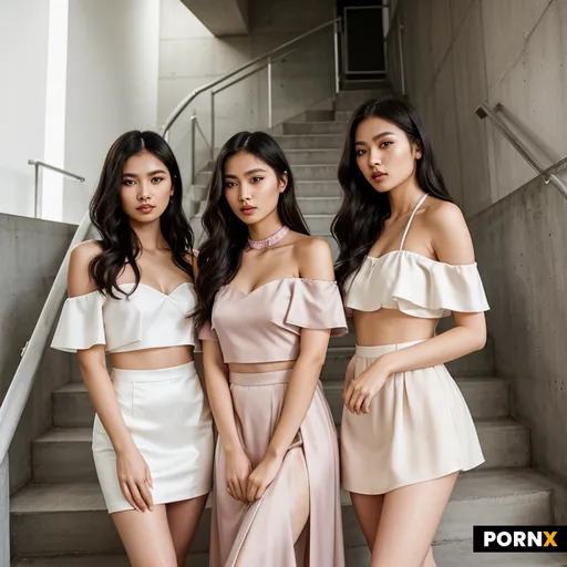 A group of six beautiful Asian women posing together on a staircase