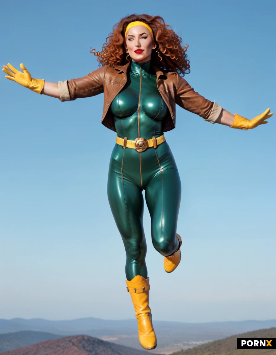 Redhead Irish woman. Fair skin. Red lipstick. Yellow gloves. Green and yellow latex body suit. Brown leather jacket with rolled up sleeves. Long yellow boots to her knees. Long curly hair. Flying in the air. Comic book hero. Super hero. Yellow headband around her forehead. Fluffy hair. Beauty. Stunning confidence. Sci fi. Super hero pose. Flying in the air. Yellow belt. "X" belt buckle. 8k resolution. Glamor photo.