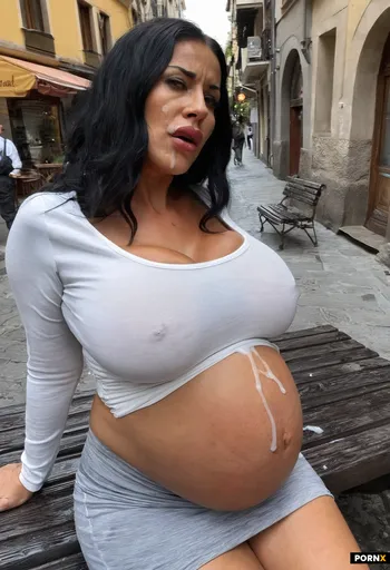 Walking by Pregnant woman with giant tits sitting on a Street bench